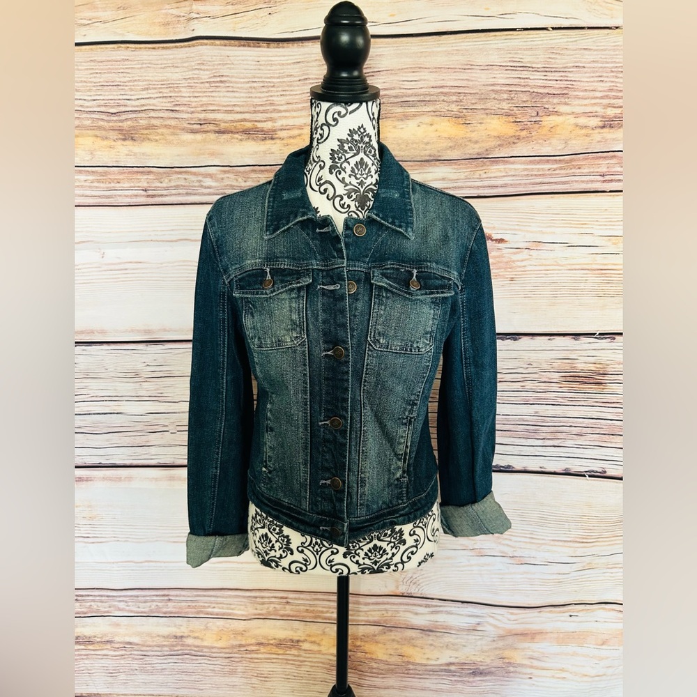 American Rag Women’s Blue Dark Wash Distressed Denim Jacket Size L